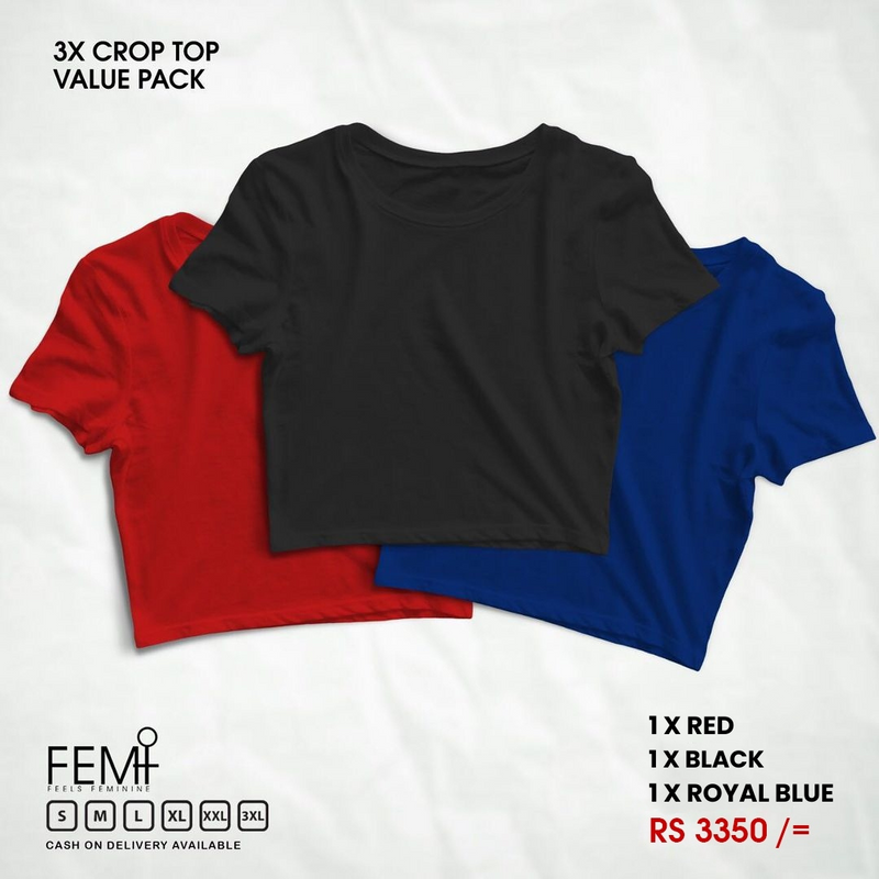 Pack of Crop Tops - Red, Black, Royal Blue FEMI