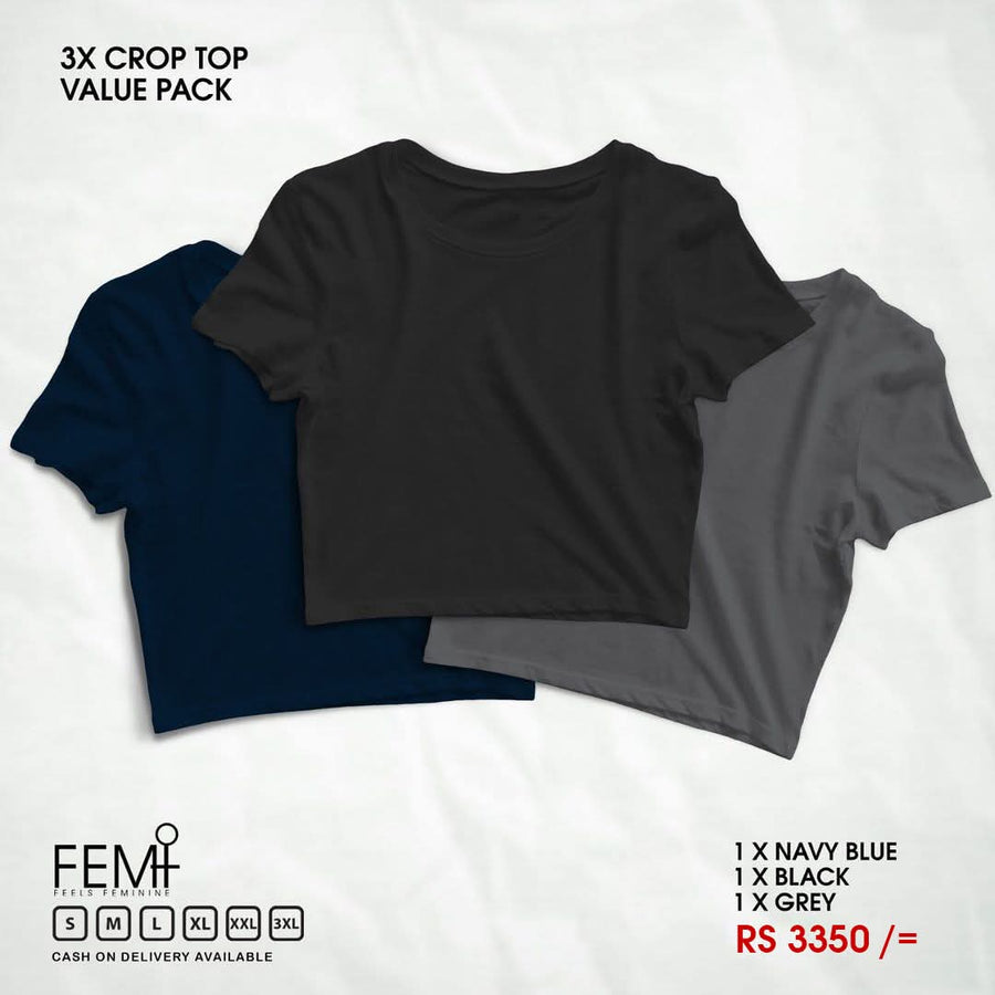 3 PACK CROP TOPS - NAVY BLUE, BLACK, GREY