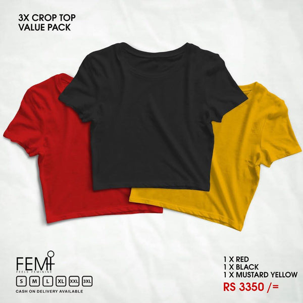 3 PACK CROP TOPS - RED, BLACK, MUSTARD YELLOW FEMI
