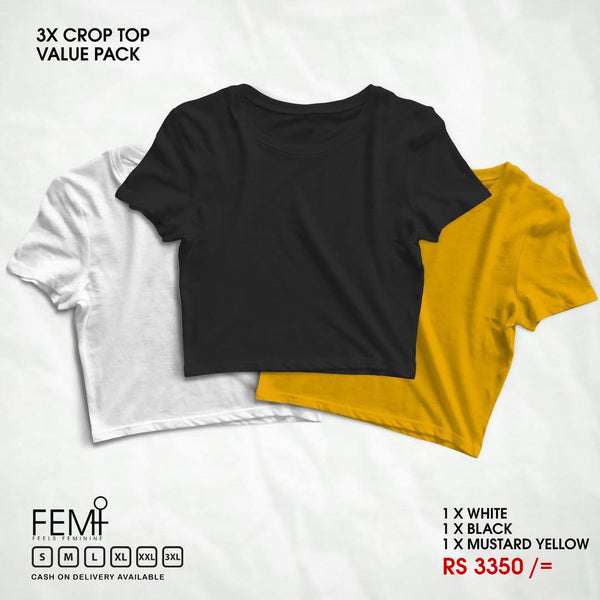 3 PACK CROP TOPS - WHITE, BLACK, MUSTARD YELLOW FEMI