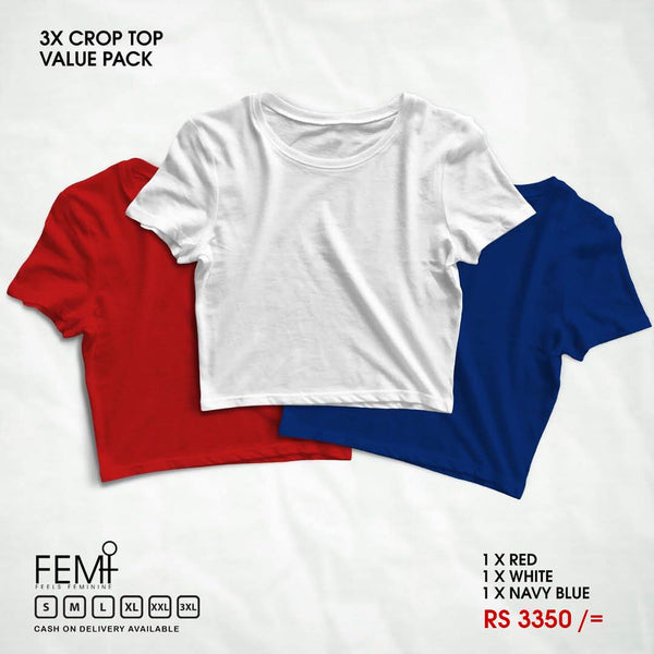 3 PACK CROP TOPS - RED, WHITE, NAVY BLUE FEMI