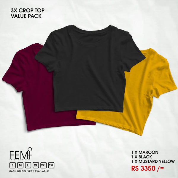 3 PACK CROP TOPS - MAROON, BLACK, MUSTARD YELLOW FEMI