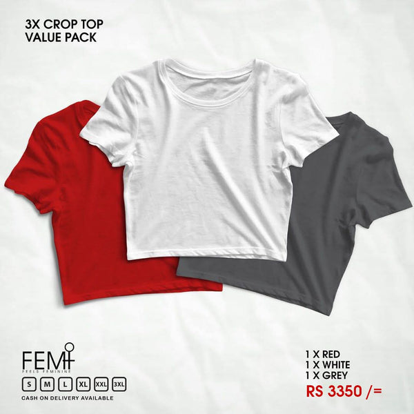 3 PACK CROP TOPS - RED, WHITE, GREY FEMI
